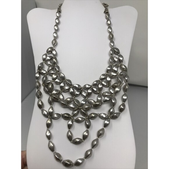 CHICO'S Necklace Silver Tone Bib Statement Beads Beaded Metallic - Picture 1 of 12